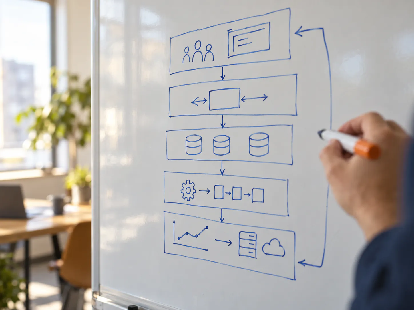 Sketch of a multi-layer system architecture on a whiteboard