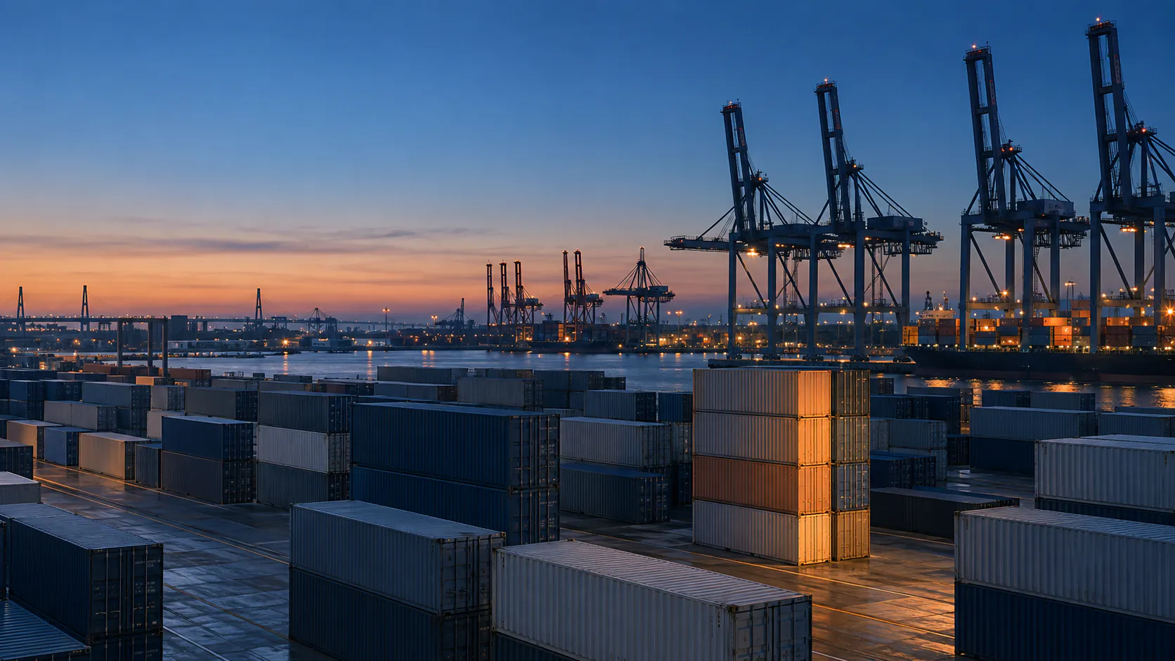 Gestapelte Container im Hamburger Hafen zur blauen Stunde