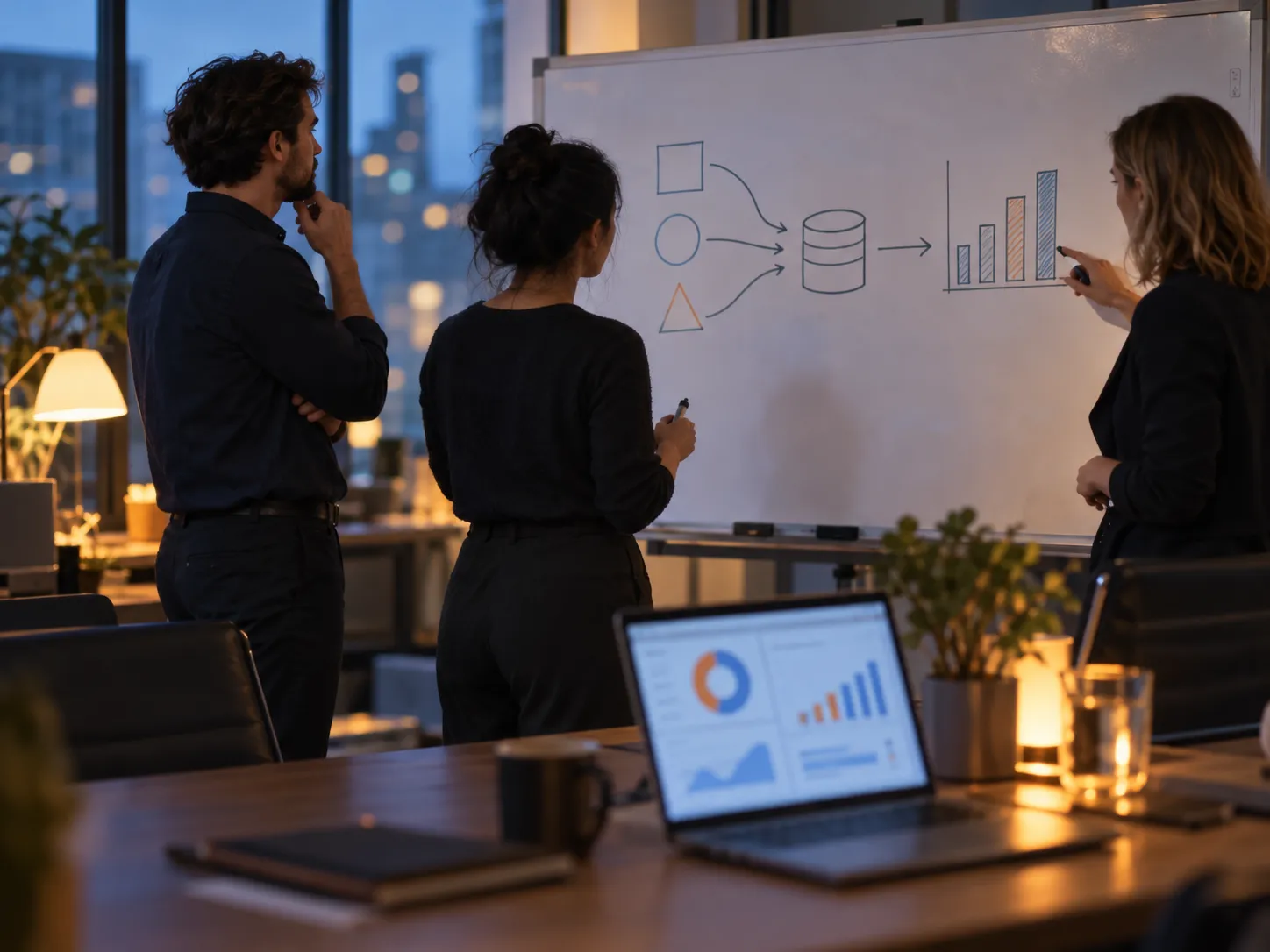 Consultants at a whiteboard with a sketched data flow