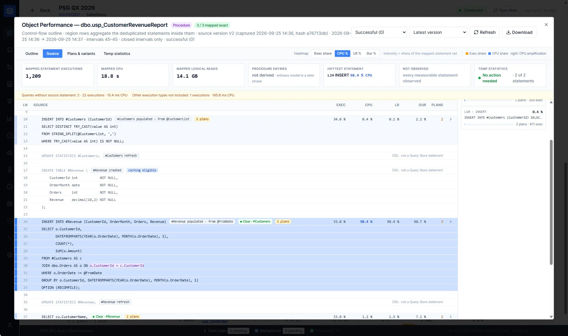 PSG QX: source code view with metrics per line of code